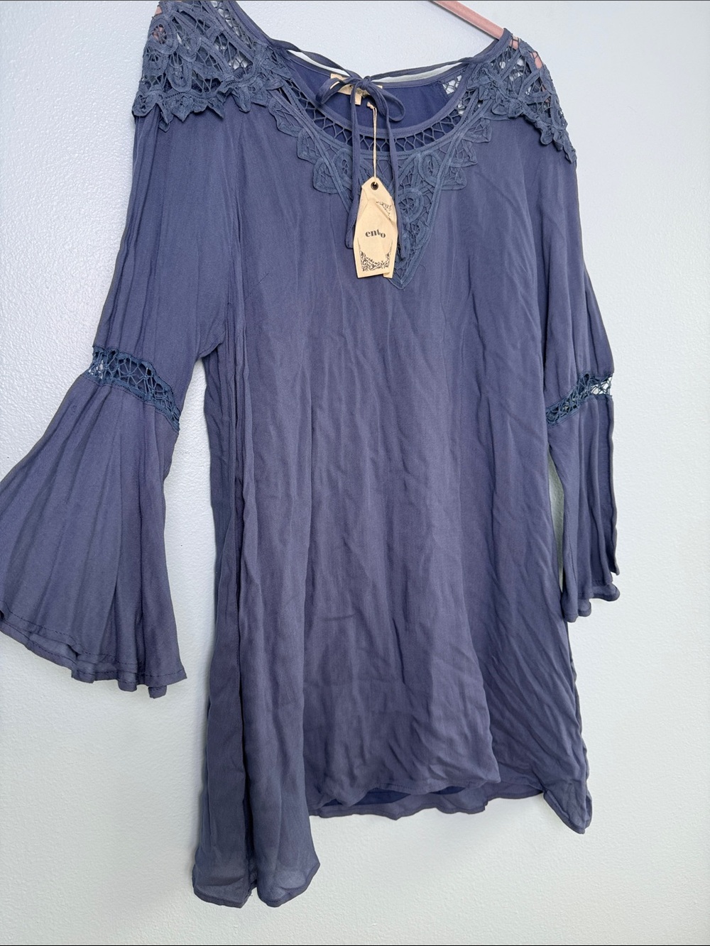 Boho Lace Yoke Bell Sleeve Tunic Dress in Blue